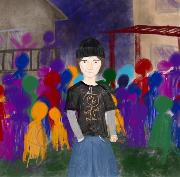 A teen male dressed in stereotypical 'male manipulator' fashion surrounded by people. Art courtesy of Elyse Kim