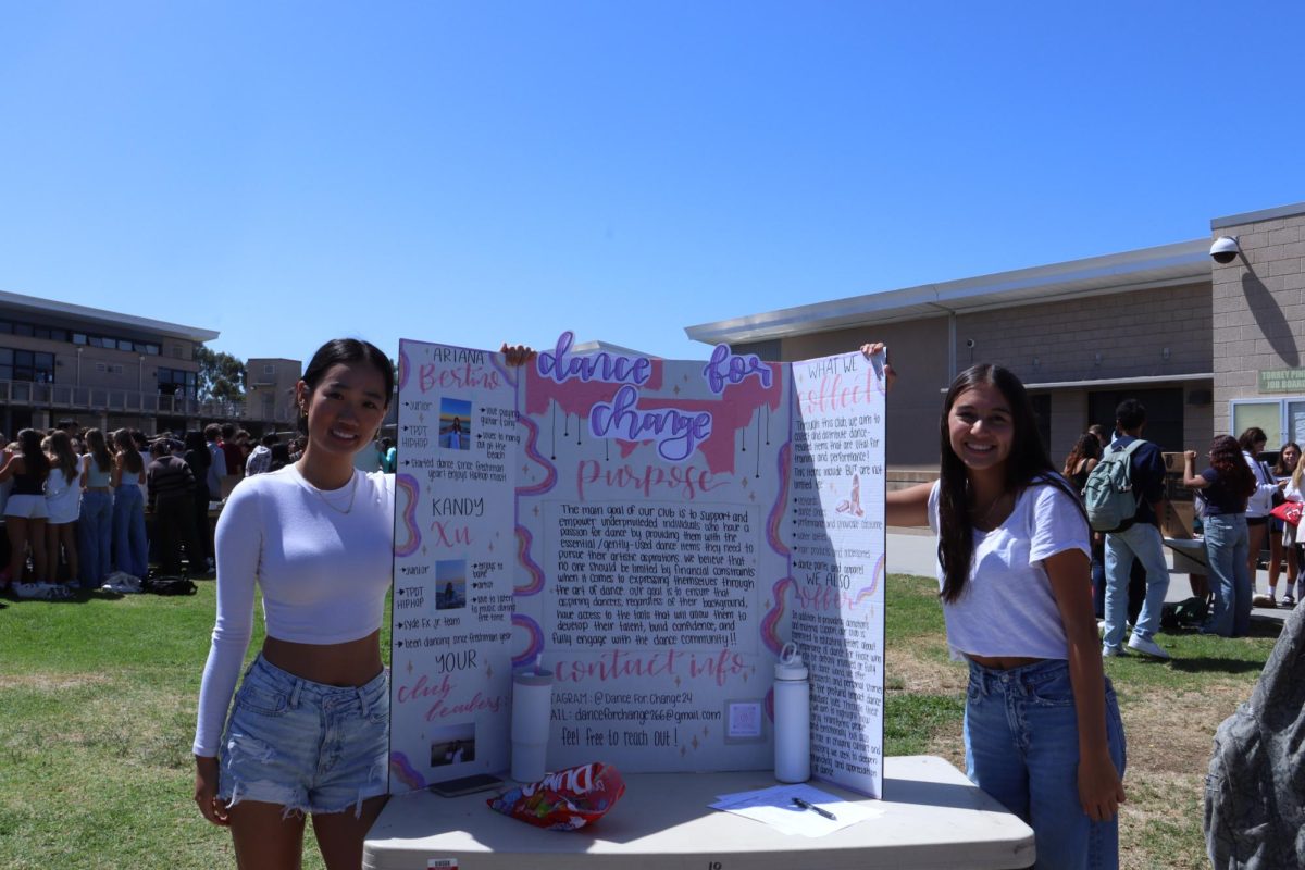 Dance for Change's purpose is to support underprivileged individuals that have a passion and love for dance. They promoted their club. Left to Right: Kandy Xu (11), Arianna Bertino (11). Dance for Change's purpose is to support underprivileged individuals that have a passion and love for dance.