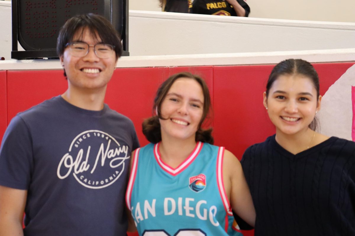 This years homecoming pep rally served as the first assembly day of the school year. Left to right: Eric Lee (12), Resse Jurman (11) and Lainey Costabile (11).