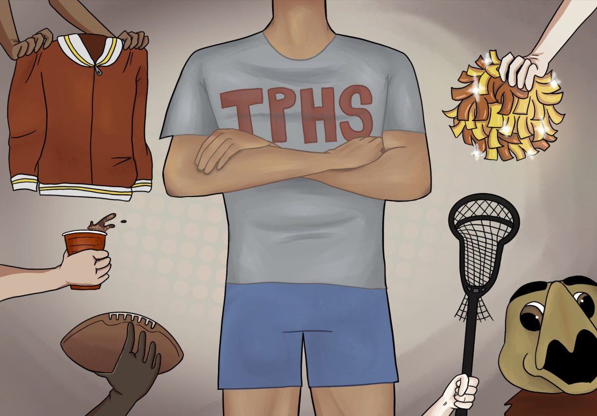 A student is surrounded by athletic motifs that represent the school's typical stereotype of sports and a good time. How was this stereotype correct or incorrect, how was it harmful? Courtesy of Bronwyn Roberts.