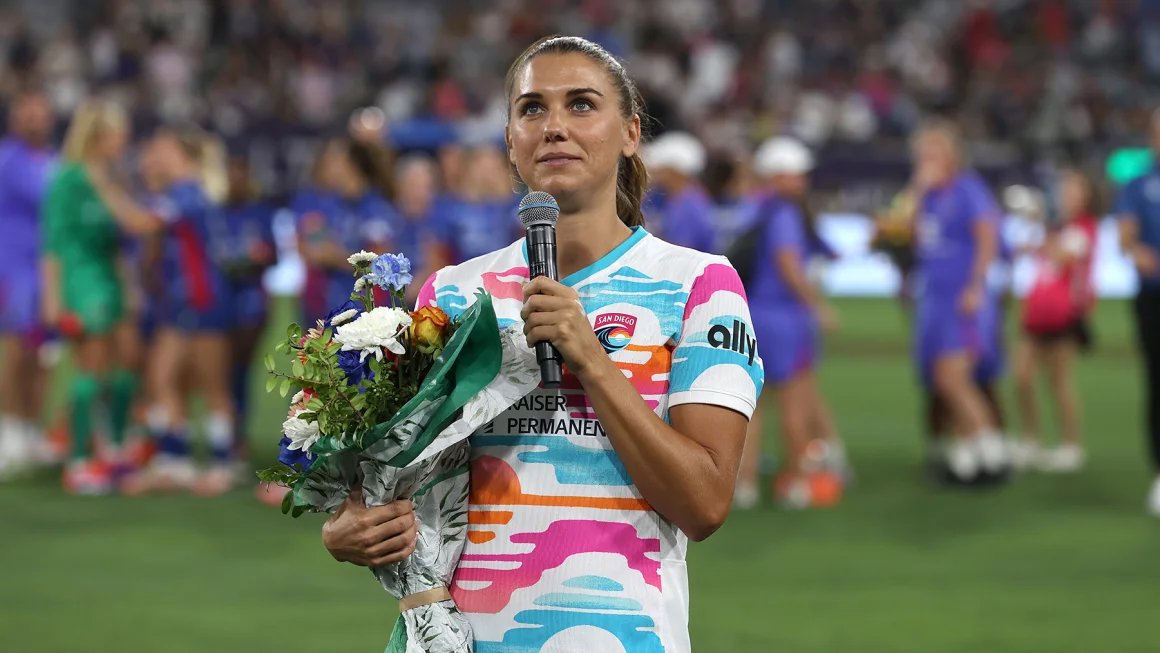 Alex Morgan addresses Snapdragon Stadium during her farewell speech on Sept. 8. Photo courtesy of Kaelin Mendez/Getty Images.