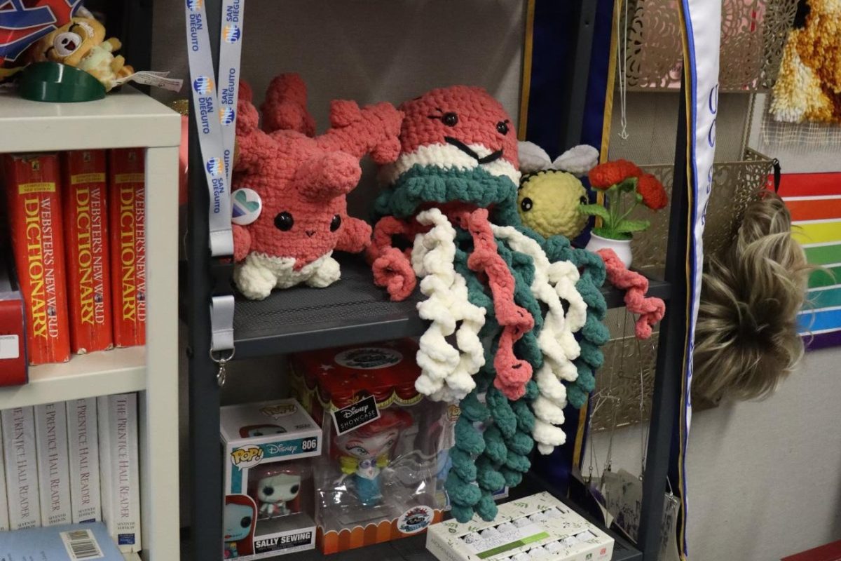 Cameron Martin adorns his classroom with a variety of paraphernalia related to his personal life. Pop culture characters were sprinkled around the shelves such as an Aggretsuko plushie (left), Sally Sewing Funko Pop (bottom left) and Ariel figure (bottom middle).