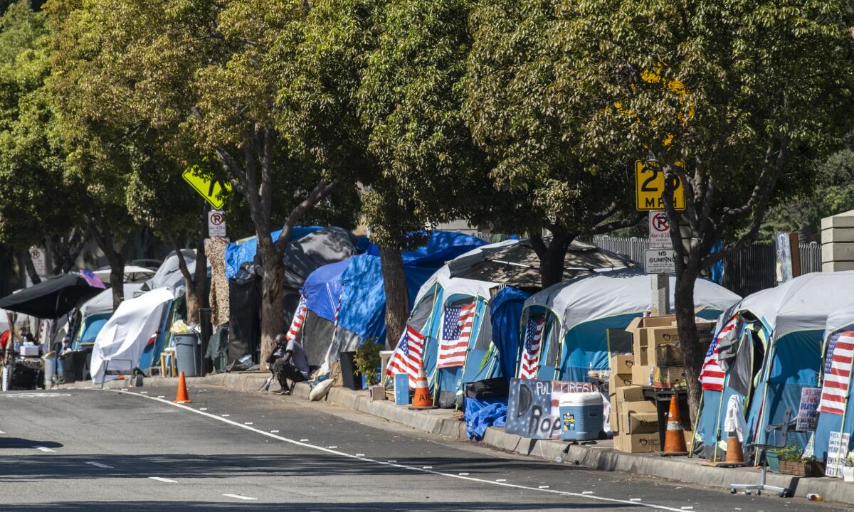 Homeless encampments line the sidewalk. Cities in California including San Diego unanimously voted to carry out laws criminalizing homeless encampments in public areas, following the U.S. Supreme Court decision on June 28. Photo Courtesy of Francine Orr / Los Angeles Times