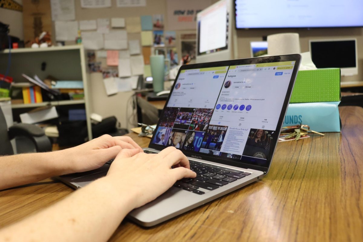 A computer screen shows both candidates' Instagram pages. The 2024 election was marked by political activity across various social media platforms including Instagram, Twitter, Facebook and TikTok.