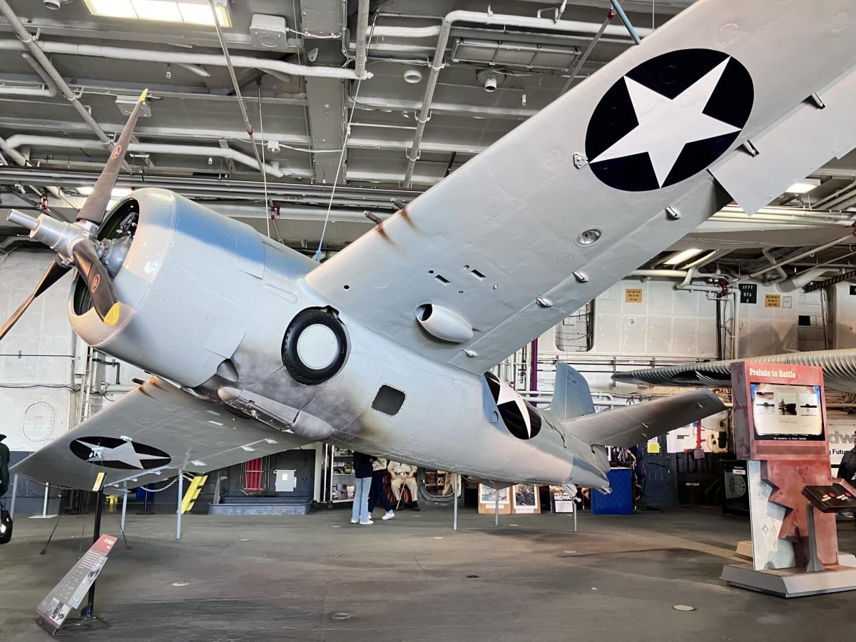 Displayed is one of the historic planes about the USS Midway. The Midway Museum has held two levels of planes for viewers to view for decades. 