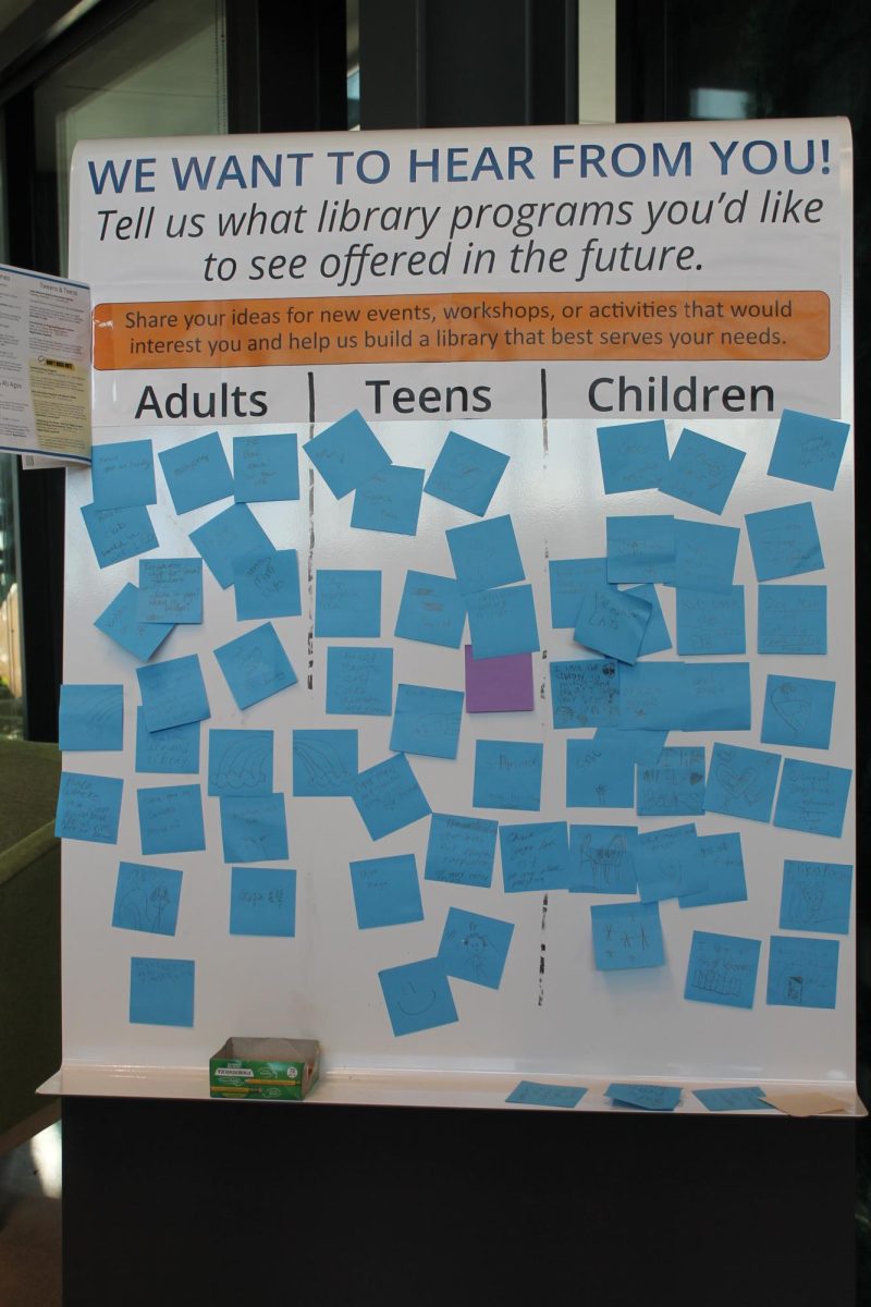 A board near the library entrance asks users to add ideas for what programs they want to see offered in the future. Programs offered by the library are not completed yet.