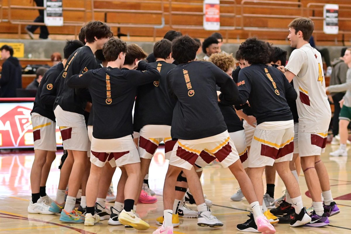 The boys varsity basketball team (14-5) huddles up before their game. Through sports, friendships across different grade levels fostered deeper bonds. Photo courtesy of Anna Scipione. 