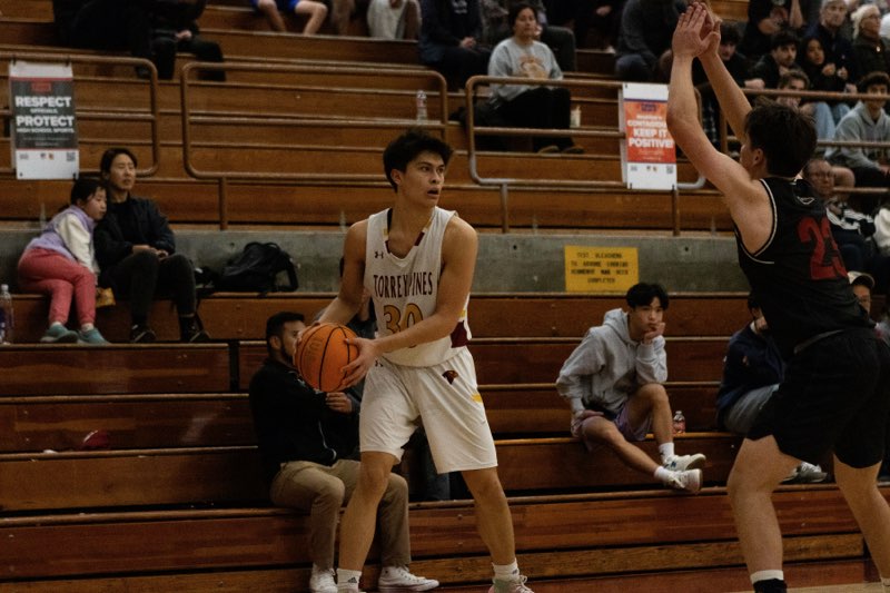 Cody Shen (12) scans the court, looking for an open pass. Shen was named the December male Athlete of the Month. Photo courtesy of Cody Shen. 