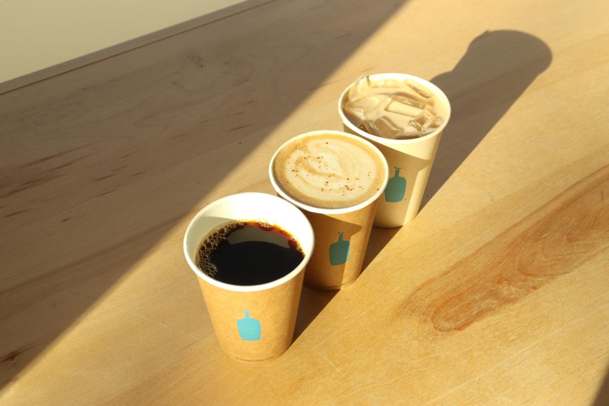 Winter brew, Winter Latte, and Winter Iced Nola sit on the table. All three drinks were part of the Blue Bottle Coffee's winter drinks menu.