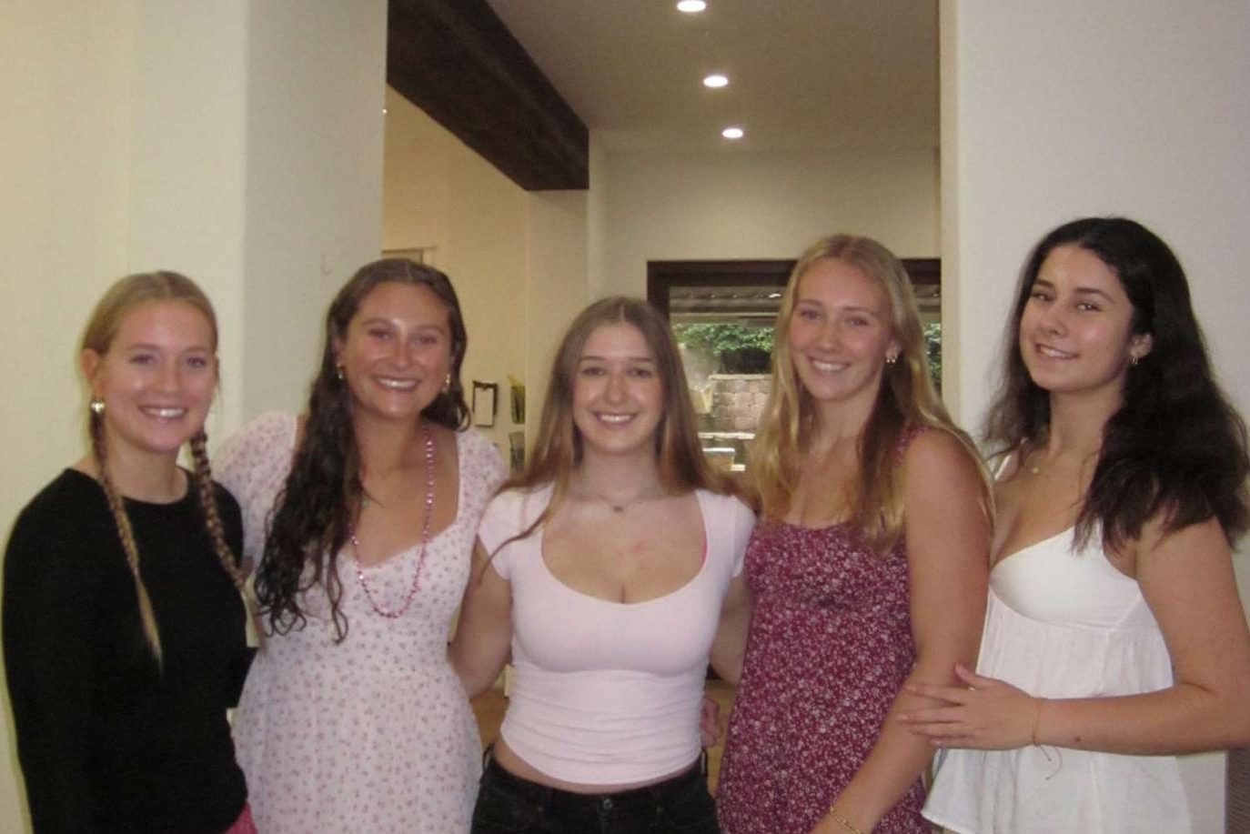 The group poses for a Galentine's mirror picture. In the background, 'So Many Times' by Gadjo was playing.