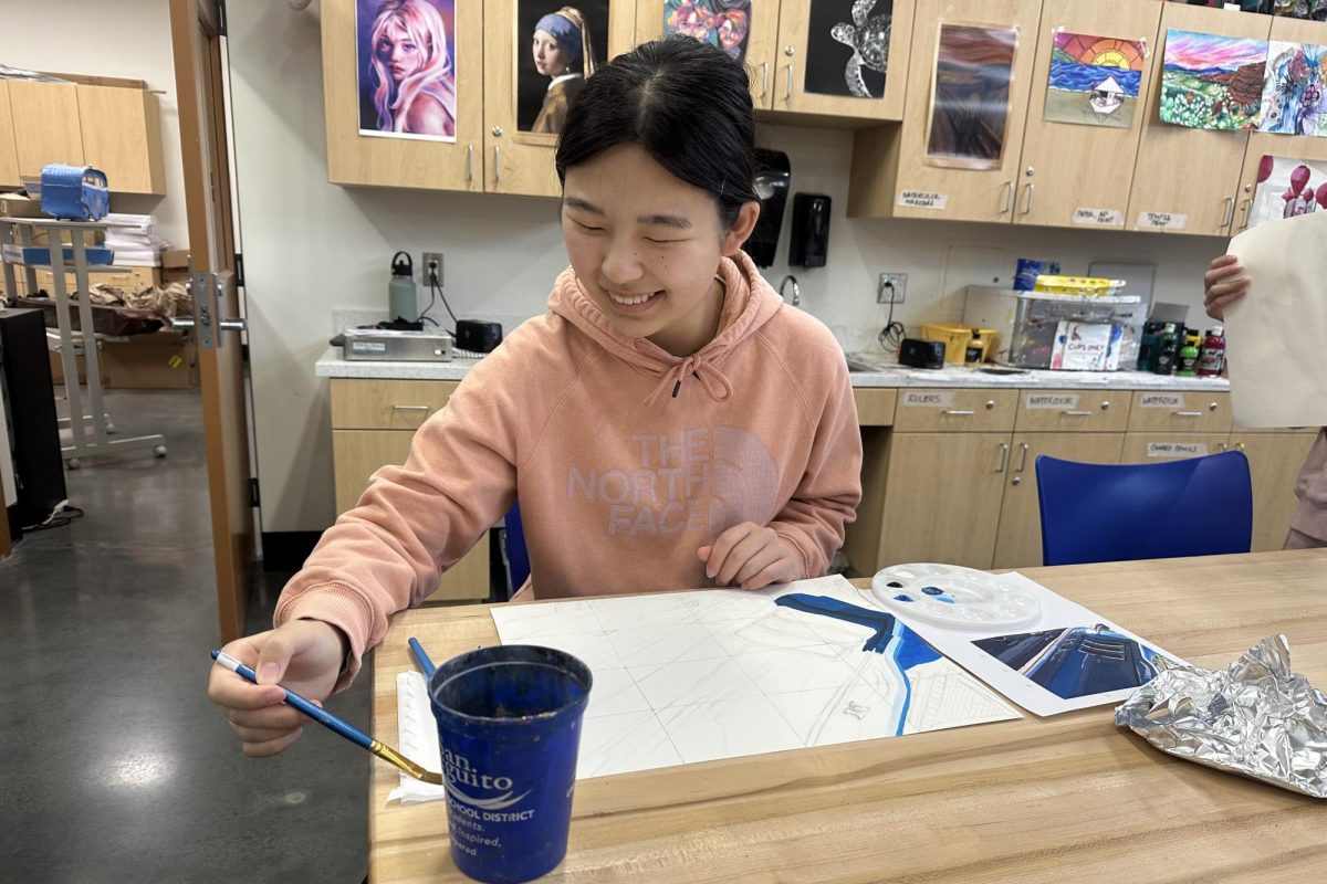 Sawako Ogino paints away during her first period class. Ogino was recently named the January Artist of the Month.