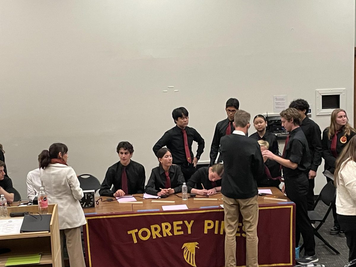 The varsity Academic Team prepares for their match against Carlsbad High School. The match was held on Jan. 30, with the Falcons falling 86-30. 
Back row left to right: Kei Tashiro (12), Eamon Moore (12), Joy Ma (12), Matias Chinchilla (12) and Chloe Clements (11). Front row left to right: Zain Mehio (12), Cecelia Colangeli (11), Collier Lawson (11), Zach Dawson (12) and Jack Sheehy (12).