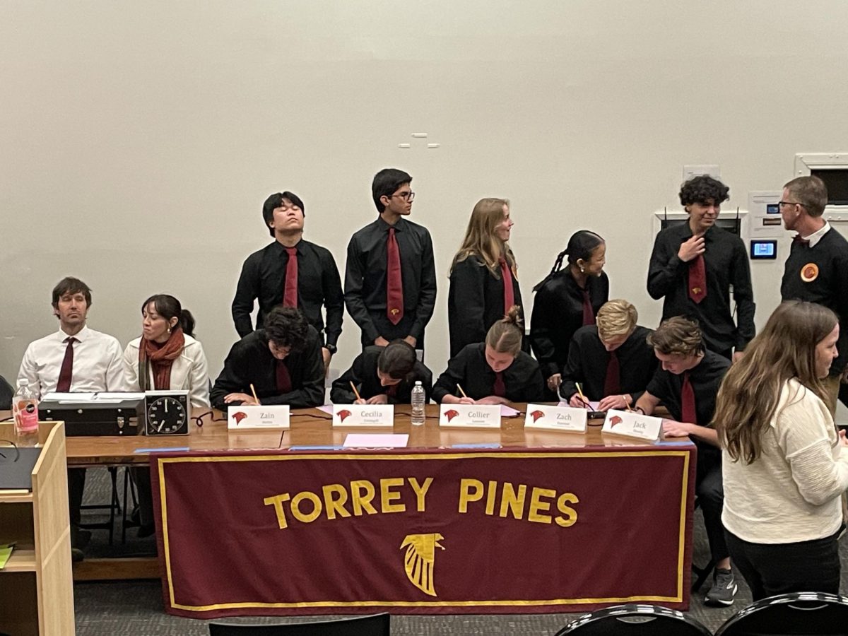 The varsity Academic Team prepares for their match against Carlsbad High School. The match was held on Jan. 30, with the Falcons falling 86-30. Back row left to right: Kei Tashiro (12), Eamon Moore (12), Chloe Clements (11), Joy Ma (12),  Matias Chinchilla (12)
Front row left to right: Zain Mehio (12), Cecelia Colangeli (11), Collier Lawson (11), Zach Dawson (12), Jack Sheehy (12)