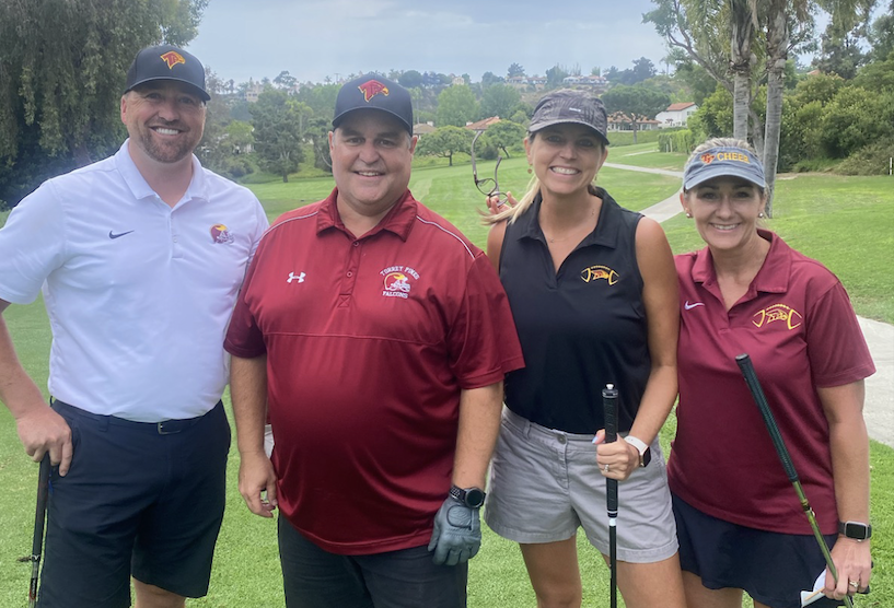 School administrators pose for a picture on the course. Former Assistant Principal Robert Shockney spent his last day at the school on Friday. Left to right: Robert Shockney, Rob Coppo, Rebecca Gallow and Tracy Olander. Photo courtesy of Robert Shockney.  