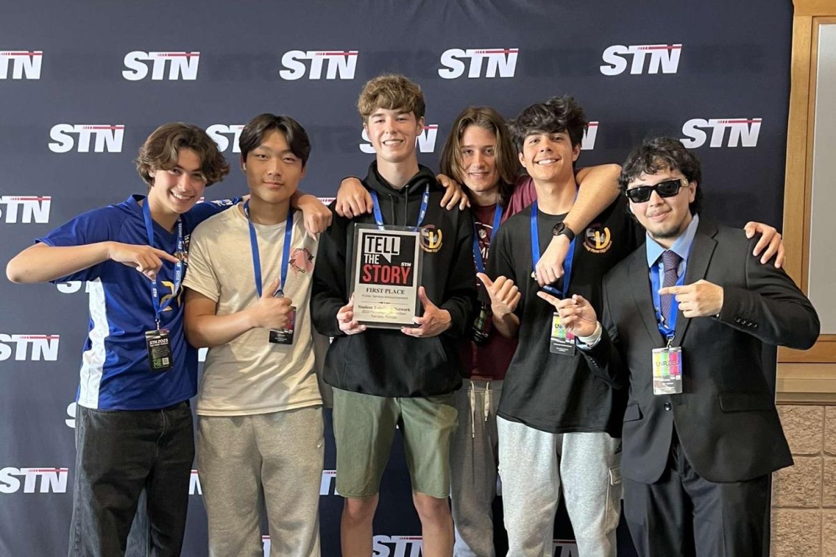 Left to right: Kenneth Dorrell (10), Steve Doh (11), Kyle Busby (11), Sawyer Hawkins (12), Nickolas Sanchez-Kishko (10) and Santi Herrero (12) hold the first place award for their Public Service Announcement. The 2025 Student Television Network Convention on took place on March 1- 4 at the Tampa Convention Center in Tampa, Florida. Photo courtesy of Vincent McKeever. 