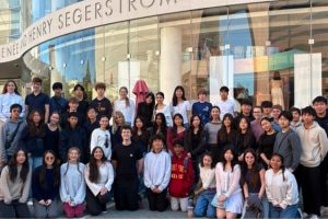 The school's band and orchestra gather for a photo in front of the Renée and Henry Segerstrom Concert Hall. Along with their annual trip to Disneyland Park, the groups performed at the Forum Music Festival at Biola University this past weekend. Photo courtesy of Mila Keres.