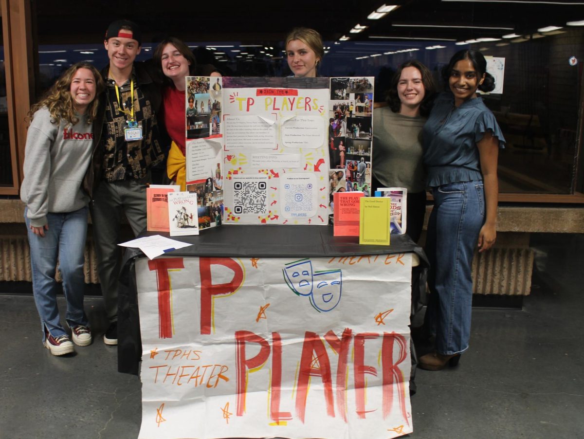 TP Players present their booth. The event included booths from extracurricular programs as well. Left to right: Liv Weaver (12), Nolan Greer (12), Stanley McInnis (11), Sevey Morten (11), Reese Jurman (11) and Celestine Chinnappan (11).