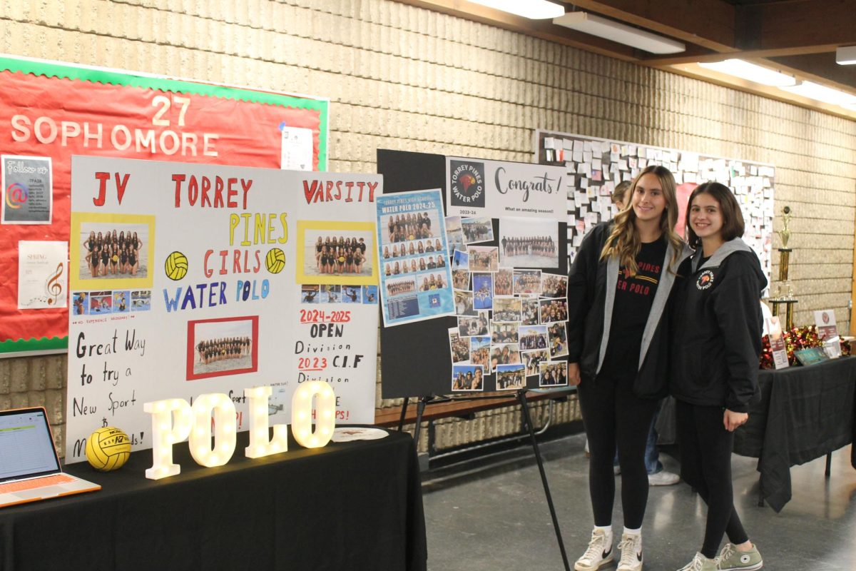 Girls water polo members stand beside their booth, surrounded by photos and posters. Various programs were showcased and outlined for the incoming freshman families. Left to right: Ella Gataric (10) and Madeline Fletcher (11).