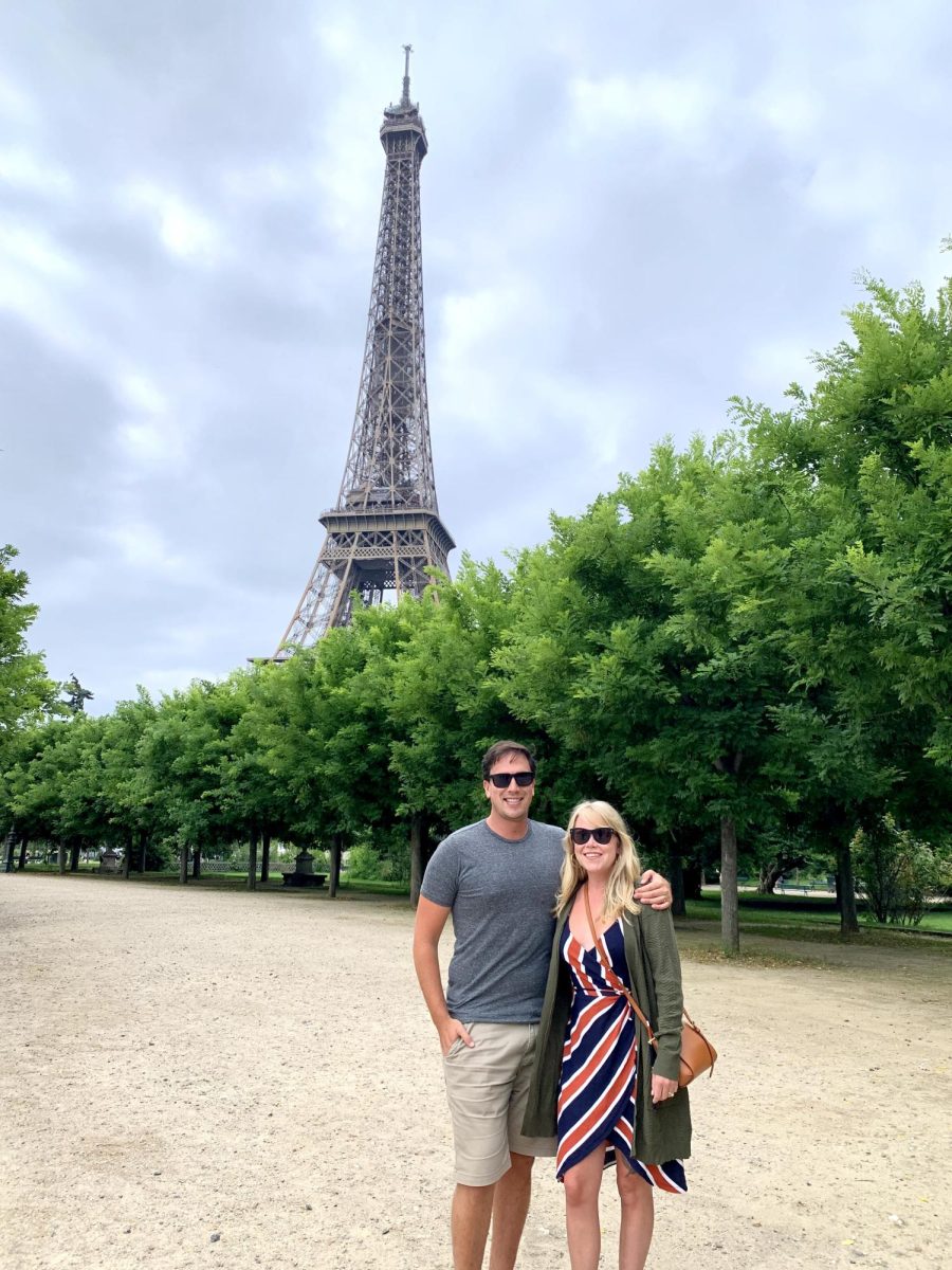 Brandon Keller and his wife visit the Eiffel Tower in Paris. Keller did a 'Hemmingway's walk' while he was in the city during winter break and visited locations that inspired Ernest Hemingway's writing. Photo courtesy of Brandon Keller.