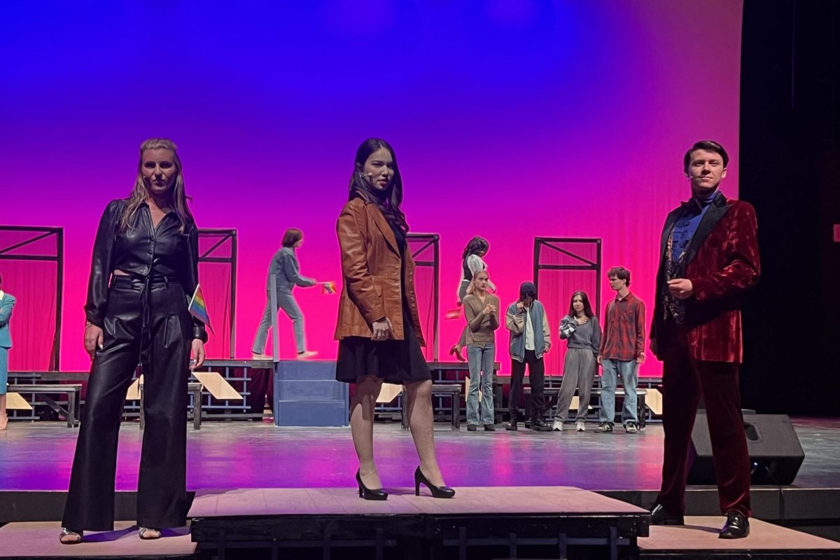 Actors Sevey Morten (11), Raisa Tuerxun (12) and Nolan Greer (12) perform 'It's Not About Me,' a number where Dee Dee Allen and her crew attempt to promote themselves amongst the school under the guise of supporting the protagonist's, Emma's, plight. 'The Prom' held its last showing on March 1. Photo courtesy of Sevey Morten.