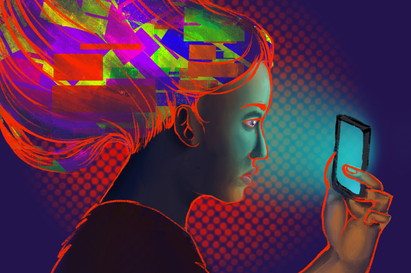 A teenager stares at the blue-light screen of their phone. For years, warnings against social media usage due to its adverse impacts have been contradicted by the need to access it for basic information. Art by Gabriela Morillo Dal Piccol. 