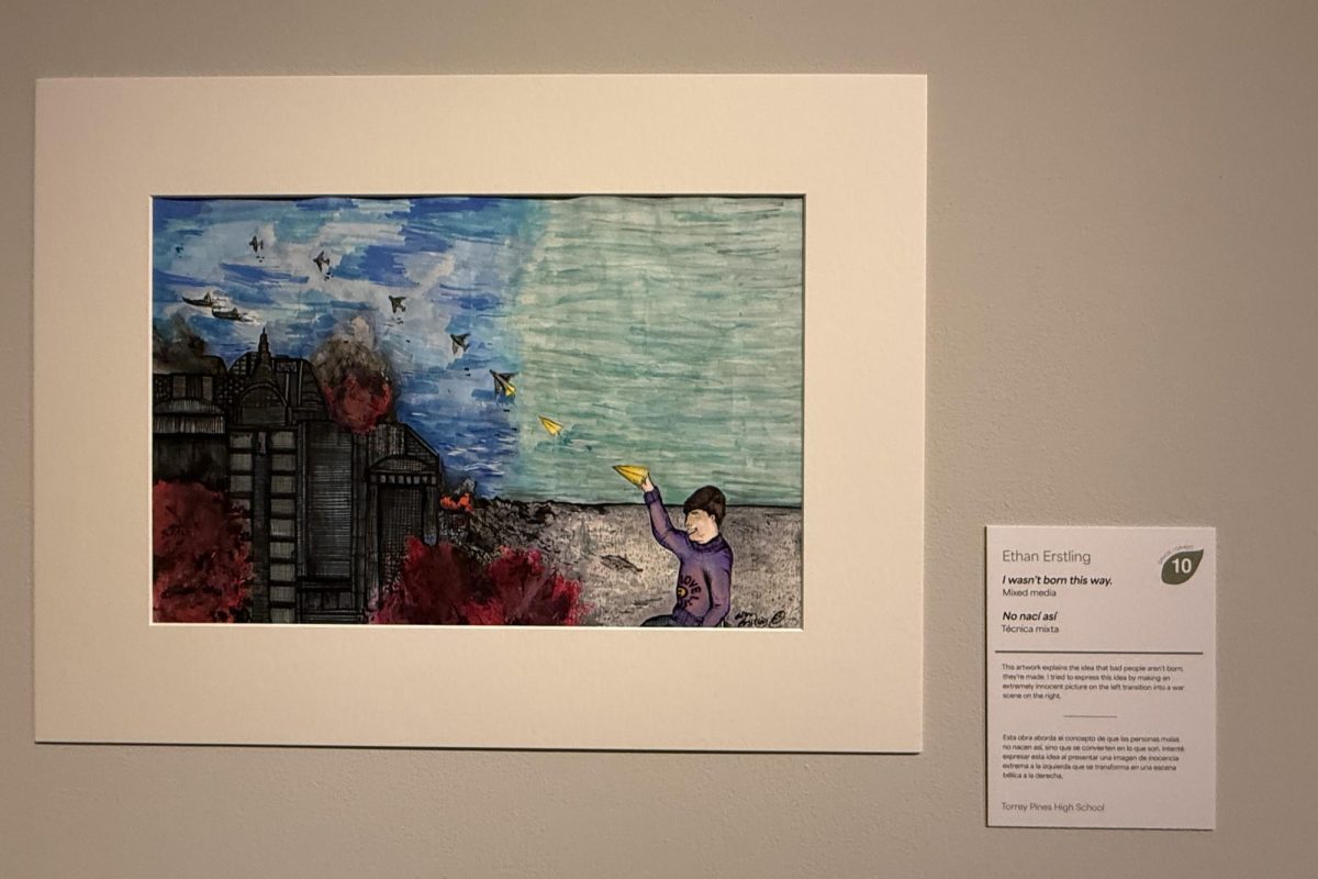 Ethan Erstlings' (10) piece 'I wasn't born this way,' hangs in the San Diego Museum of Art, Young Art 2025: Nurture and Nature exhibit. The exhibit took place from April 5 to May 18. Photo courtesy of Ethan Erstling. 