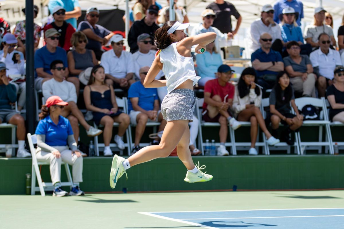 Alyssa Ahn (‘25) slams a shot into the court, battling against her opponent for a wild card to the U.S. Open. Ahn won the match 6-1, 6-2 against Maya Lyengar. Photo courtesy of Alyssa Ahn.