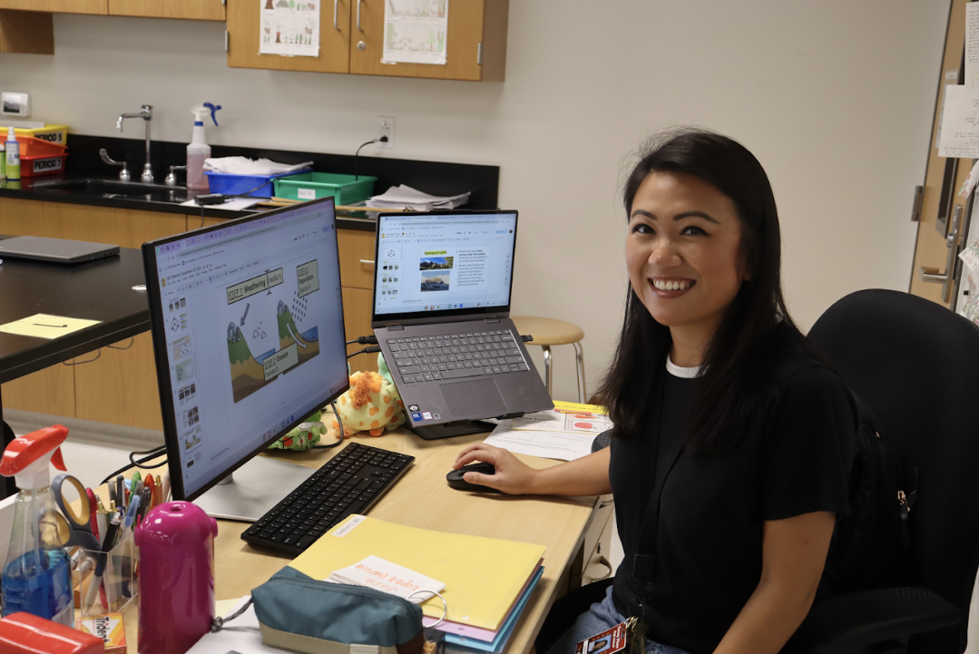 Charlene Nguyen prepares lesson slides for her Biology class. Nguyen majored in biology at University of Southern California and received a credential in both biology and chemistry.