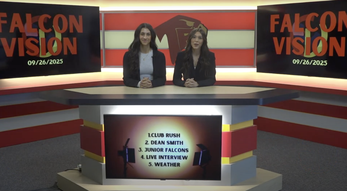 Karina Shukla and Jamie Crowley anchor the show. This week's show took place during third period. Photo courtesy of Bailey Dotters.