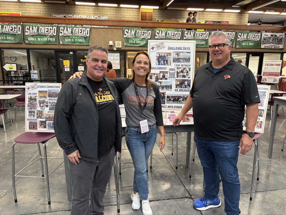 Left to Right: Principal Robert Coppo, Foundation President Tracy Acers, and Foundation Executive Director Joe Austin. Coppo, Acers and Austin display posters of events and opportunities on campus. Coppo discussed these during the 10th annual Coffee with Coppo.