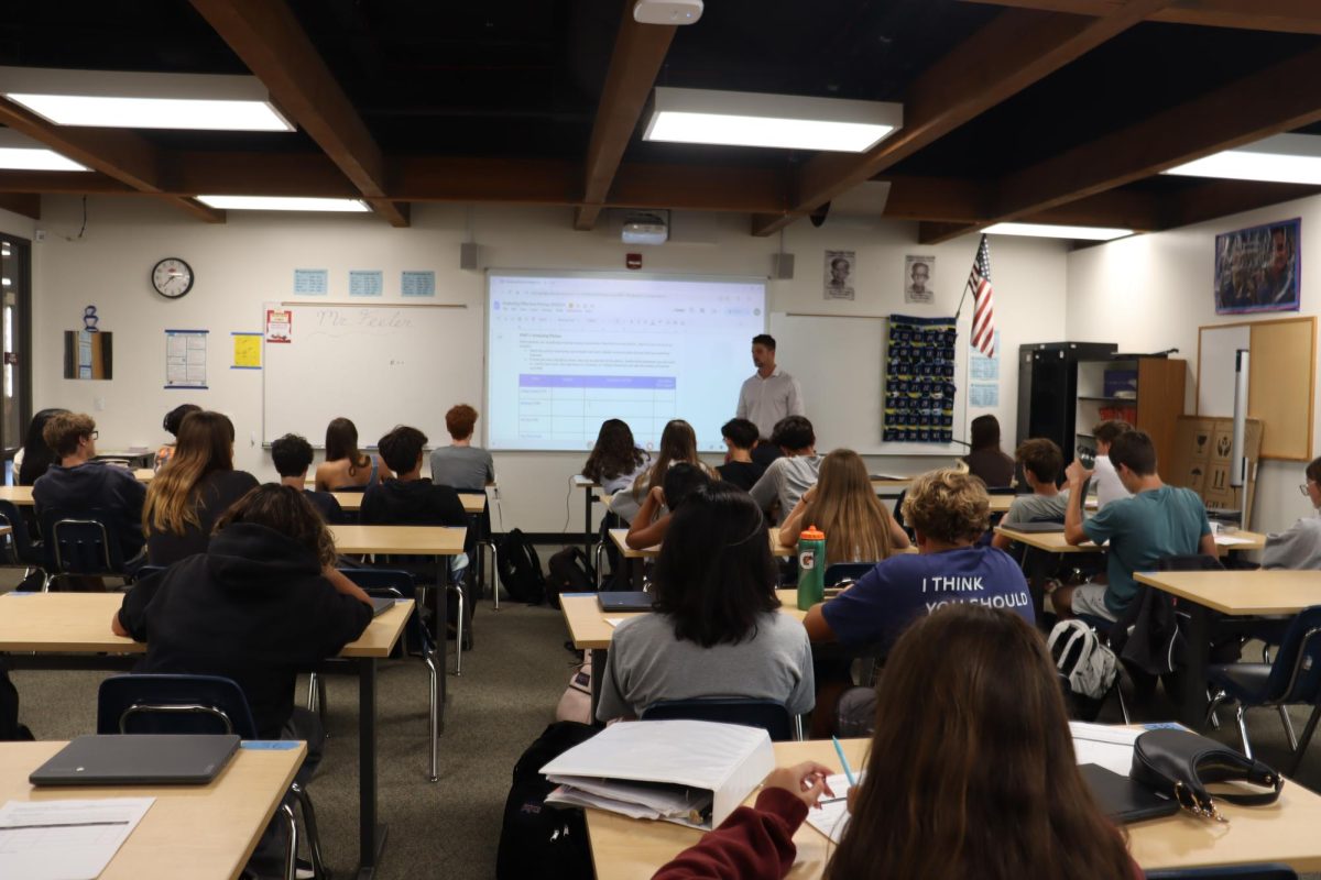 Introductin to Business and Marketing teacher Matt Feeler gives a lecture about analyzing pitches. Feeler was an alumn and football coach for the school before he began teaching this year.