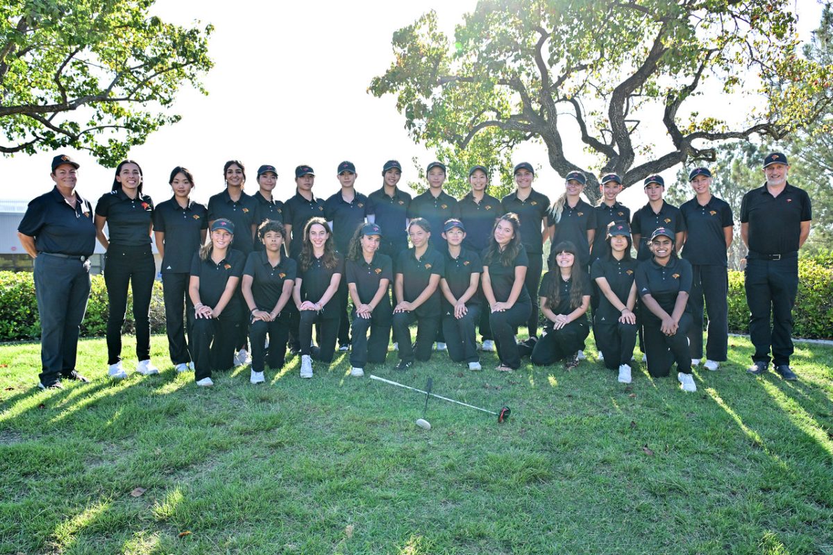 The girls Cardinal and Gold varsity golf teams stand for a group photo. Cardinal placed first at the North County Conference Coastal League tournament last Wednesday, while Gold placed second. Photo courtesy of Anna Scipione.