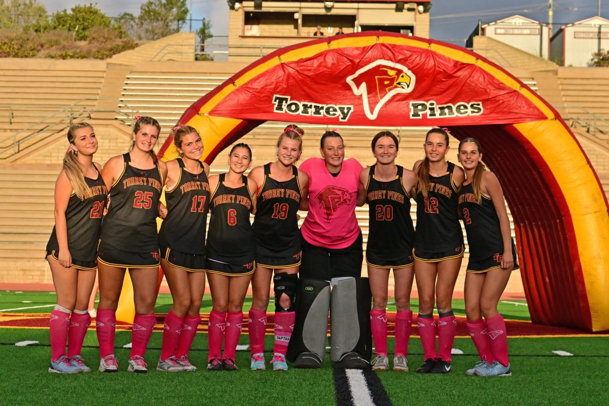 Seniors pose on Ed Burke Field to commemorate their last home game. (Left to right) Marlo Roberts (12), Bridget Kenney (12), Greta Rucks (12), Stella Philips (12), Morgan Christie (12), Kara Dunlop (12), Amelia Simmonds (12), Sophie Bryson (12), Piper Fortuna (12) play their last home game. Photo courtesy of Anna Scipione.
