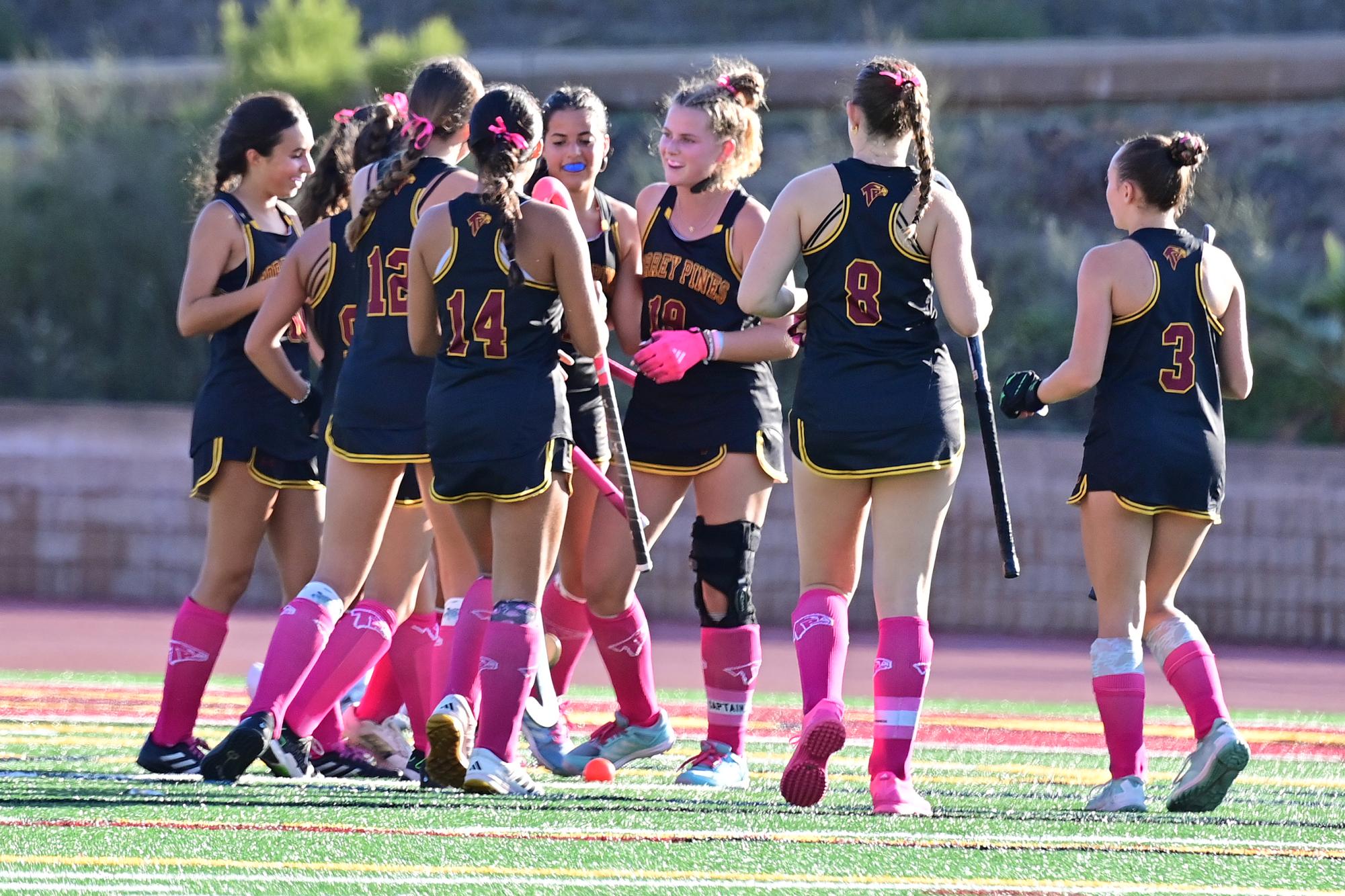 The varsity field hockey team rejoins after a successful play out on the turf. The team is currently 19-3 and has their last league match on Oct. 29 before heading into the CIF season. Photo courtesy of Anna Scipione.
