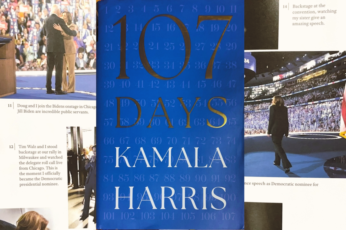 "Doug and I join the Bidens onstage in Chicago after President Biden's speech. Joe and Jill Biden are incredible public servants." Kamala Harris documented her campaign in her memoir, "107 Days," with a page showing photos of key events.