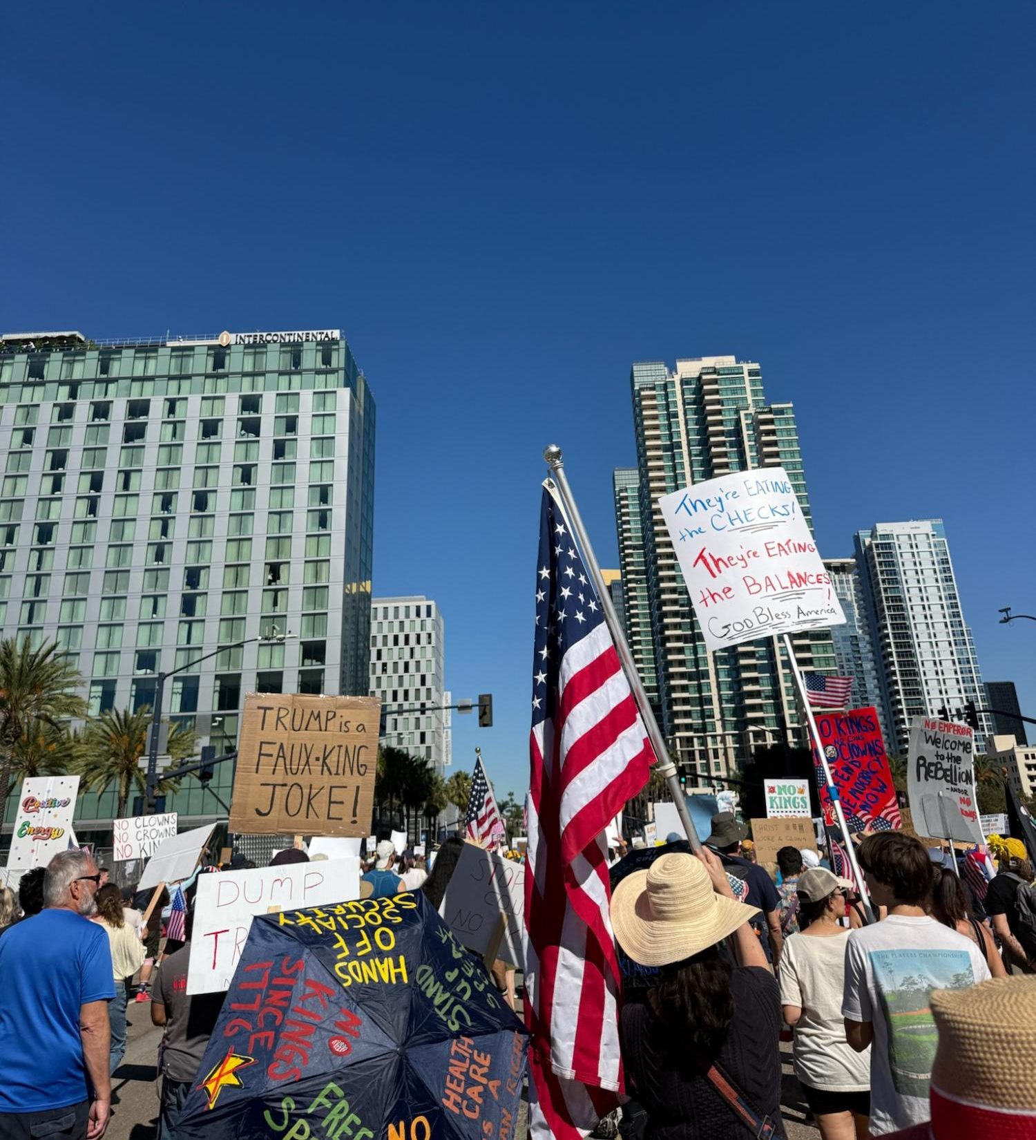 Over 50,000 people gather in downtown San Diego on Oct. 18 for the No Kings Protest. Among the sea of signs, flags and other symbols of resistance, protestors united to express their anger and demanded accountability and change from the government. Photo courtesy of Tess Wheatley (12).