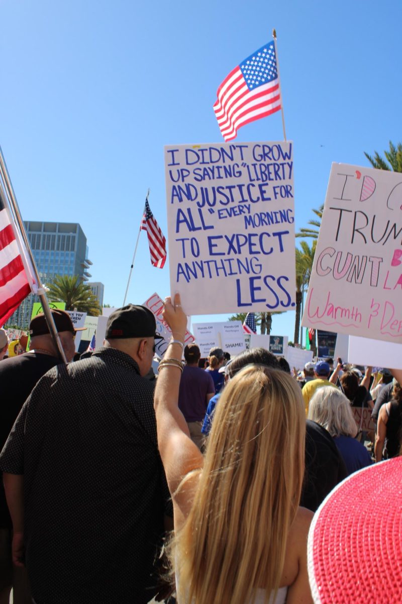 Tess Wheatley (12) holds up her sign reading, “I didn't grow up saying ‘liberty and justice for all’ every morning to expect anything less.” Her message resonated with not only the current political climate but also with her expectations and identity as a student.