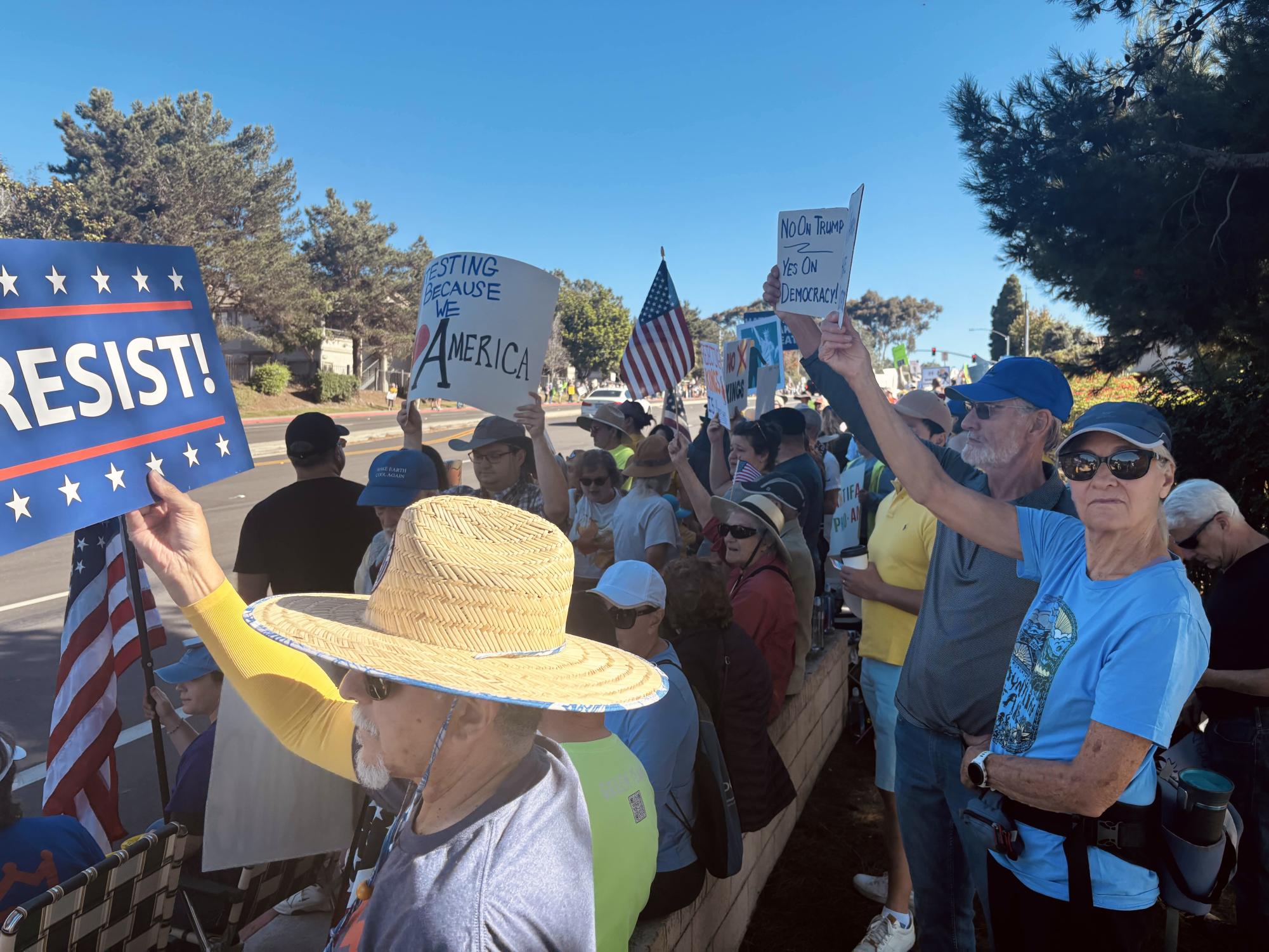 'No Kings' protesters cheer in the direction of incoming traffic, waving flags and signs in the air. Passing cars responded with honking as a sign of support.