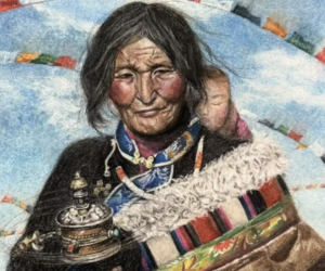 Depicting an elderly lady dressed in traditional clothing with a prayer wheel in hand, this piece by second year AP Studio Art student Destiny Yan (11) represents an encounter between different generations of Chinese culture. Yan used soft pastel for the base and colored pencils for the details. Photo courtesy of Katie O’Brien.