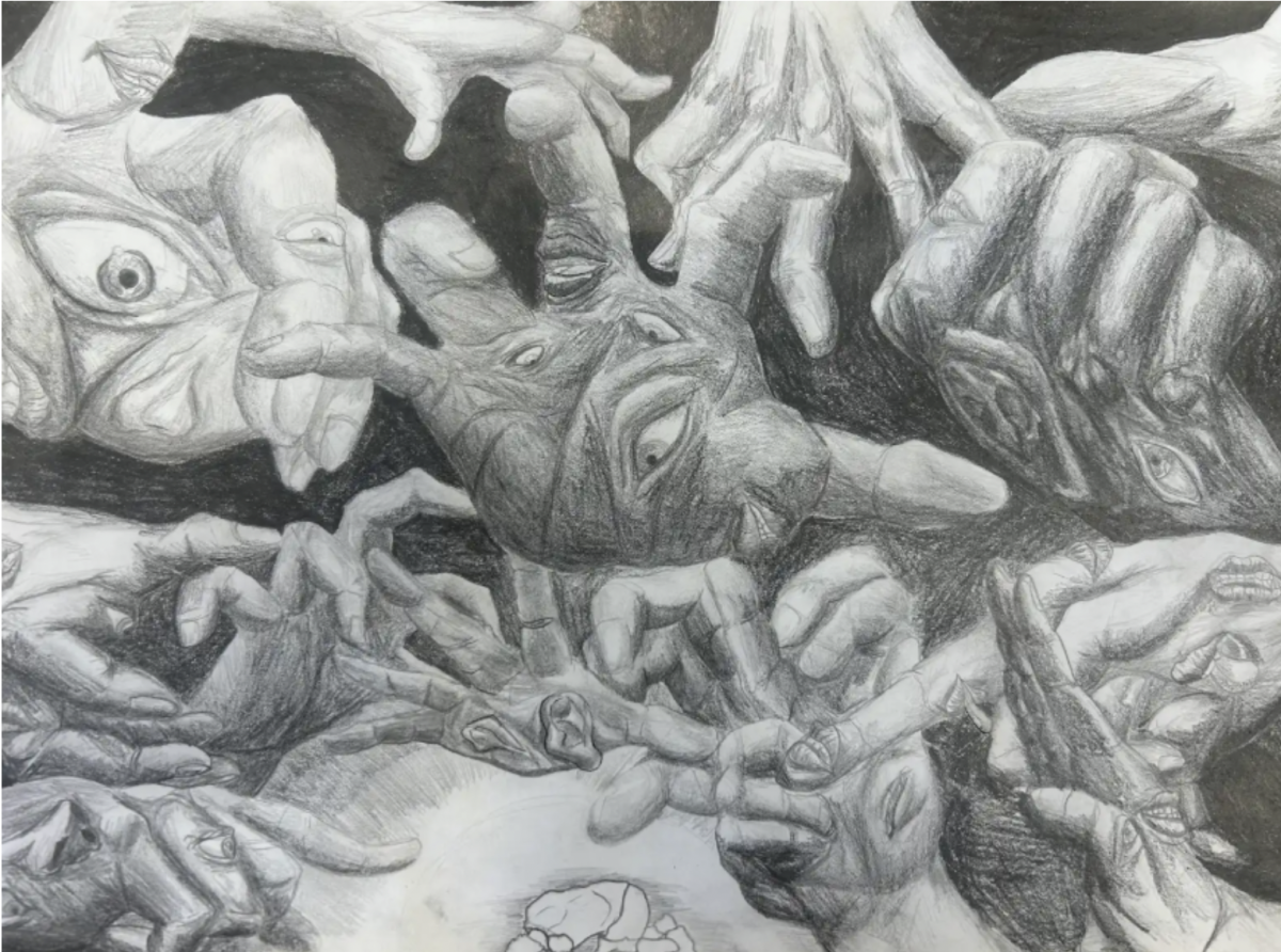 A looming hand with slits revealing eyes seems to reach out at the viewers. Jaewon Jang (11) illustrated his struggles when immigrating to the United States, metaphorically symbolized by the many hands. Photo courtesy of Katie O'Brien.
