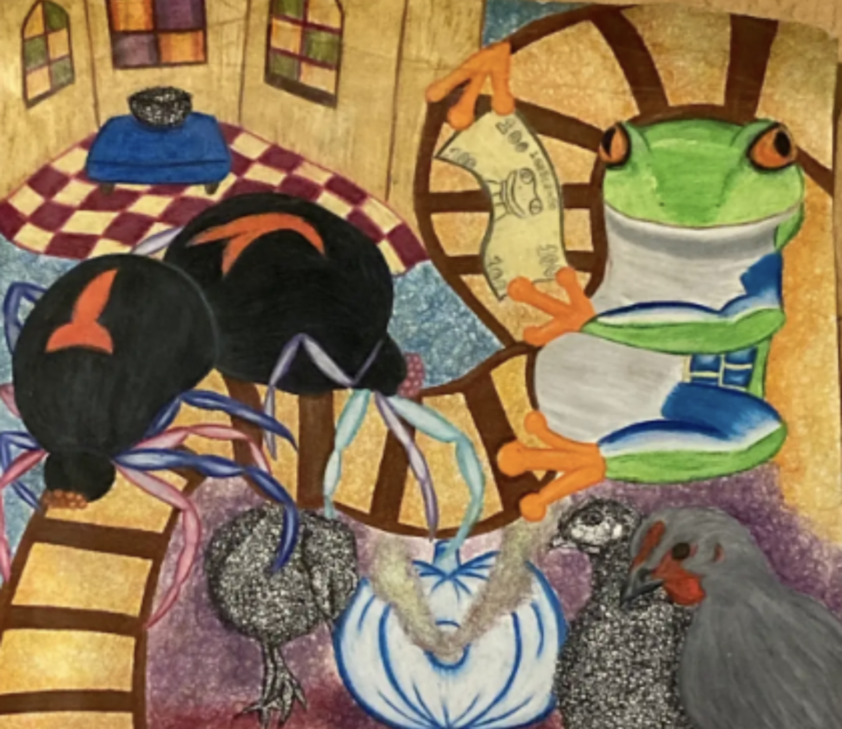 Albert Liang (10) takes an abstract approach to the concept of an encounter. He used concepts from a dream, including a school in the United Kingdom and a large frog. Photo courtesy of Katie O'Brien.