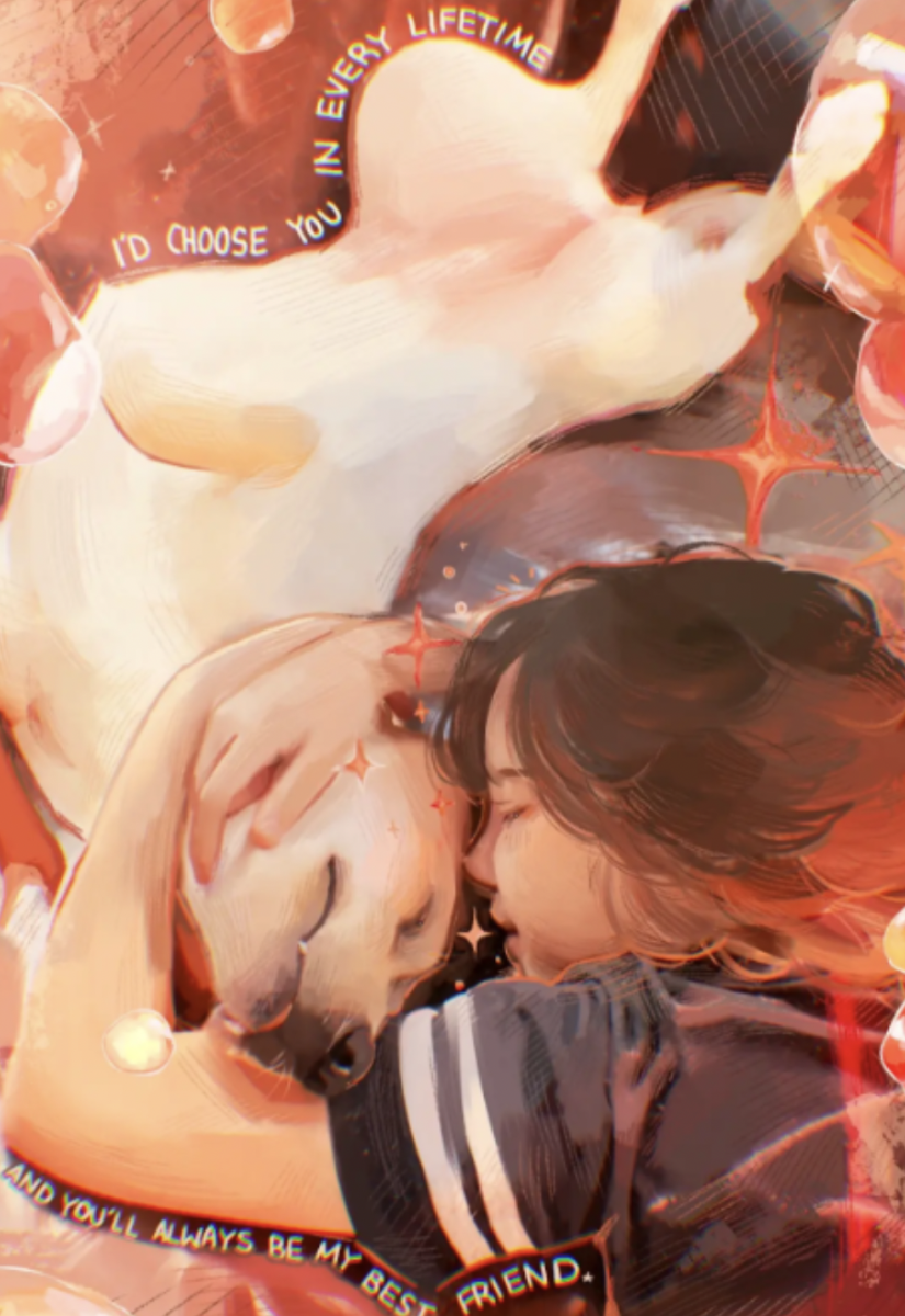 Lana Smallwood (10) uses digital art to paint a scene of herself hugging her dog Mel. The warm, vivid color palette conveyed love and serenity. Photo courtesy of Katie O'Brien.
