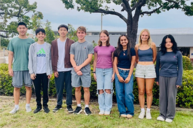 (Left to right) Ethan Wang (12), Chutian (Andrew) Chen (12), Eric Xie (12), Ian Smee (12), Collier Lawson (12), Nila Mehta (12), Sophie Laughlin (12) and Sarina Feng (12) are the school’s eight semifinalists from the class of 2026. The semifinalists were announced on Sept. 10. Photo courtesy of TPHS Foundation.