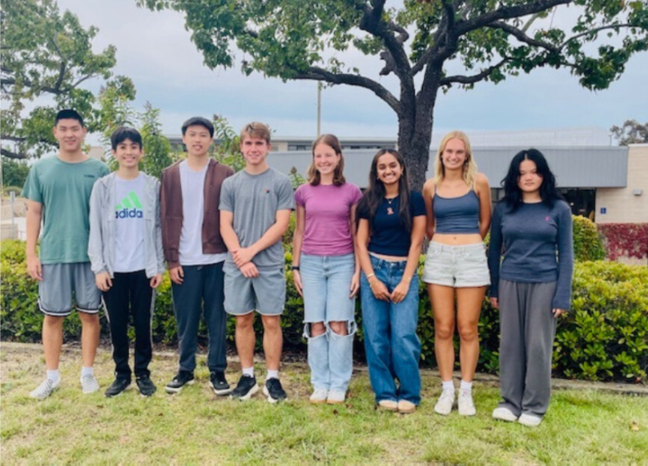 (Left to right) Ethan Wang (12), Chutian (Andrew) Chen (12), Eric Xie (12), Ian Smee (12), Collier Lawson (12), Nila Mehta (12), Sophie Laughlin (12) and Sarina Feng (12) are the school’s eight semifinalists from the class of 2026. The semifinalists were announced on Sept. 10. Photo courtesy of TPHS Foundation.
