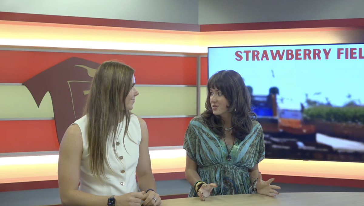The anchors discuss Carlsbad Strawberry Fields on the show. Today's show took place during Student Connection time. Photo courtesy of Kyle Busby.