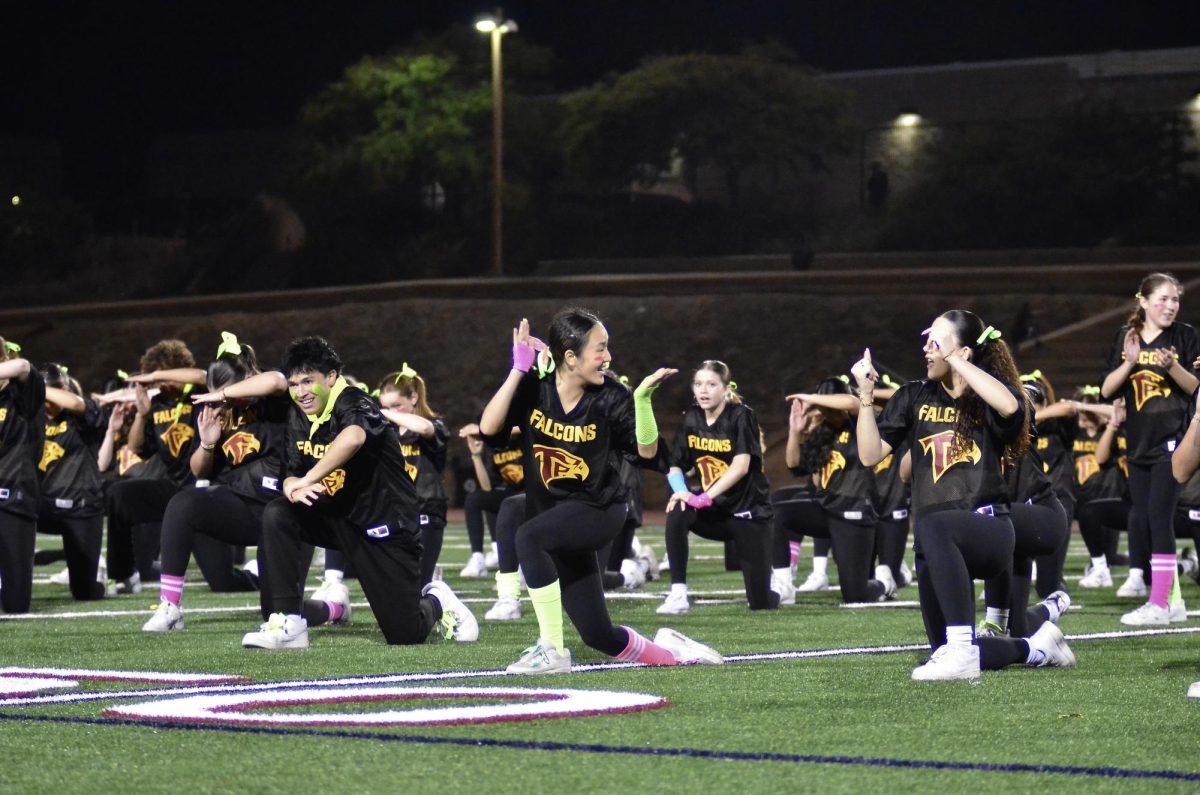 Over 100 members of both the schools junior varsity and varsity dance teams performed at the homecoming football game on Oct. 17. It's made quite clear that the theme was “Neon Out,” considering the bright accessories that the team wore.
Photo courtesy of Taylor Faassen (12).