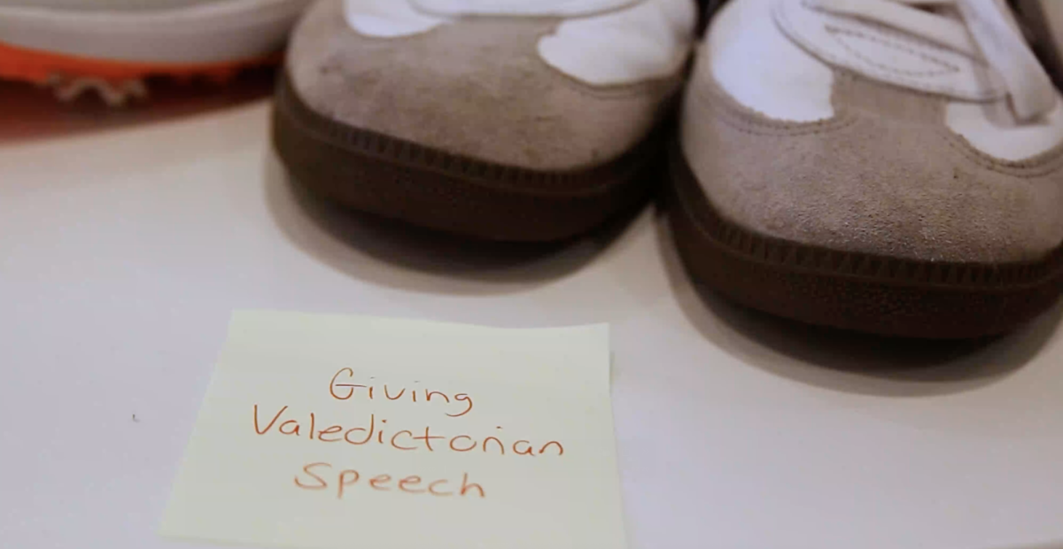 Shoes sit on a ledge with a reminder of upcoming events. This film focused on the passage of time. Photo courtesy of Chase Clabo. 