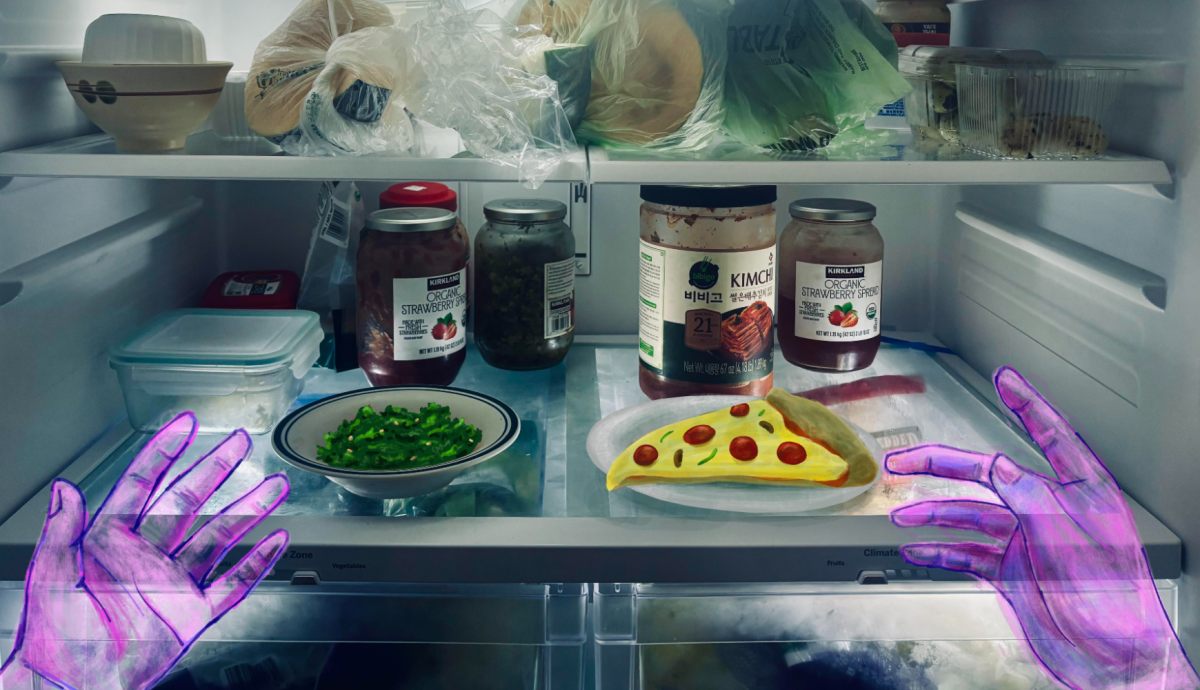 A pair of hands reach uncertainly towards food inside a refrigerator. The simple decision of dinner resulted in hesitance.