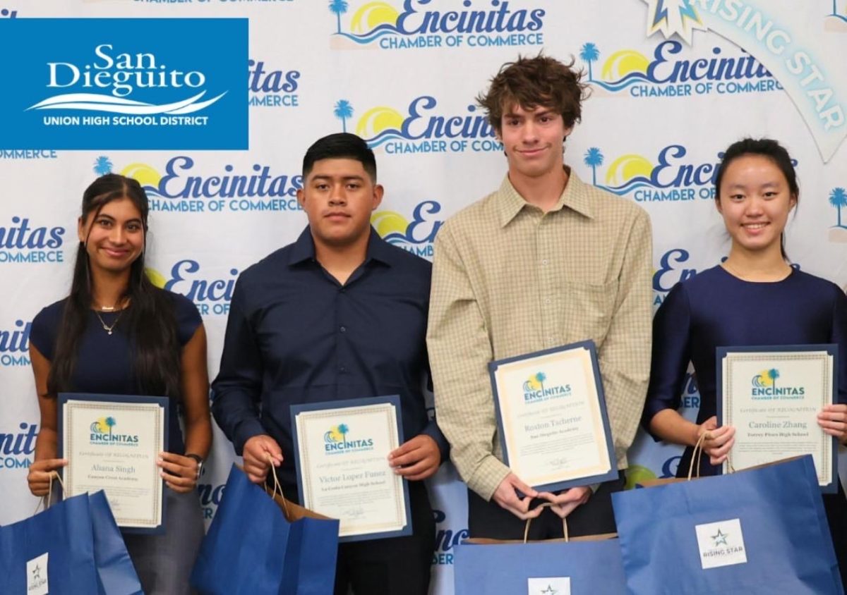  (Left to right) Ahana Singh (12), Victor Lopez Funez (12), Roxton Tscherne (12) and Caroline Zhang (12) hold their certificates. November Rising Star students pose with their awards. Each month, students in the district are honored in partnership with the Encinitas Chamber of Commerce. Photo courtesy of SDUHSD.