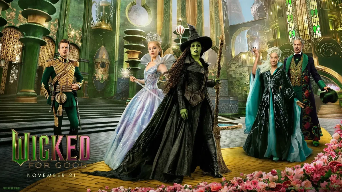 Fiyero (Jonathan Bailey), Glinda (Ariana Grande), Elphaba (Cynthia Erivo), Madam Morrible (Michelle Yeoh) and The Wizard (Jeff Goldblum) prepare for a fight that will determine the future of Oz. Released on Nov. 21, 2025, the film has already had impressive commercial success. Photo courtesy of Universal Pictures via Megaplex.com.